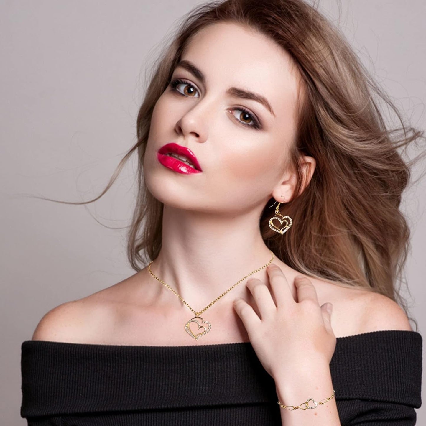 Double Heart Necklace Jewelry Set ππ
